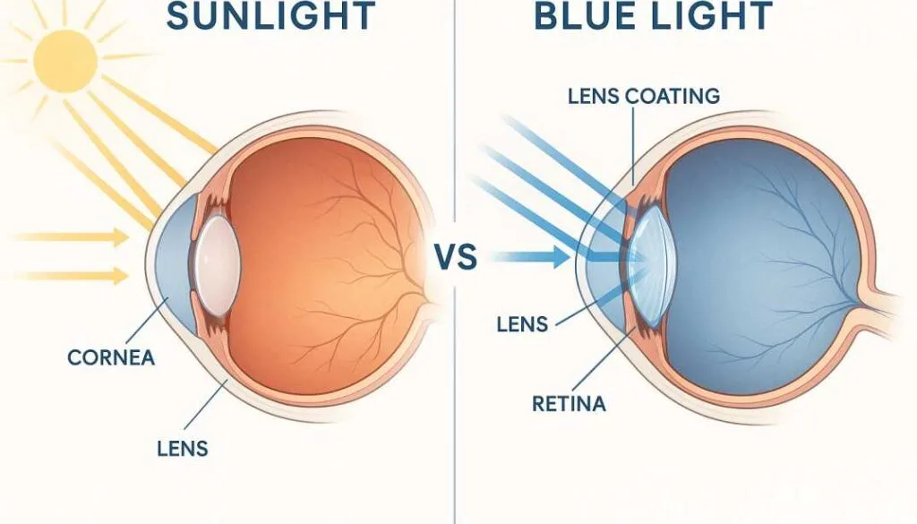So sánh mắt trước và sau tiếp xúc ánh sáng xanh.